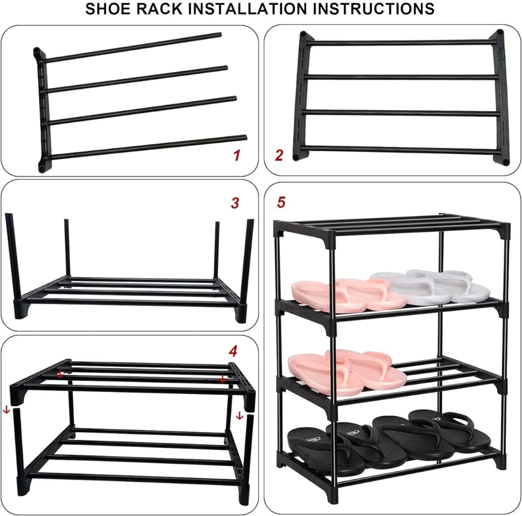 6-Tier Plastic Shoe Rack – White & Black | Large Storage Organizer | DIY Assembly