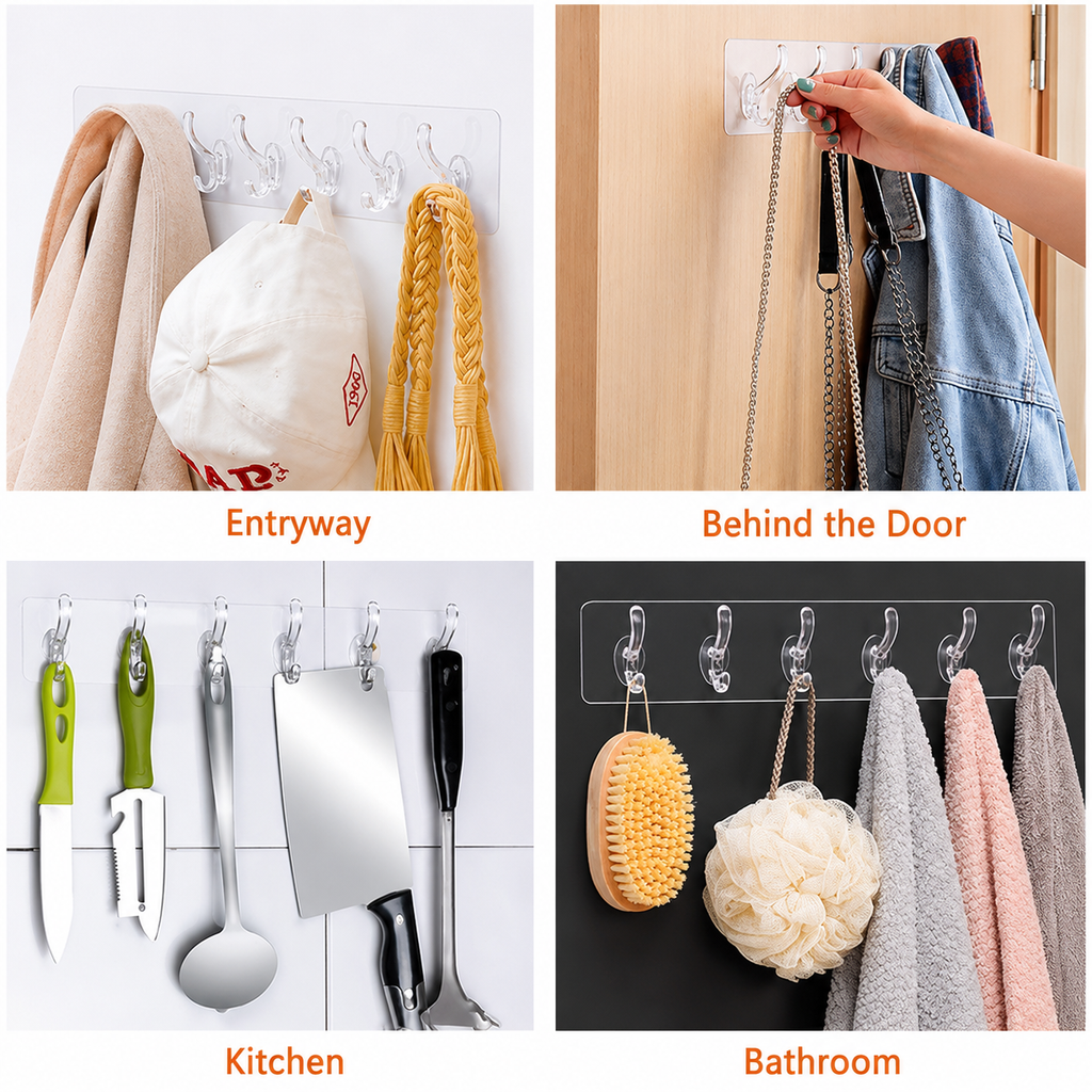 6-Piece Transparent Hooks Multi-Purpose Wall Hooks Set