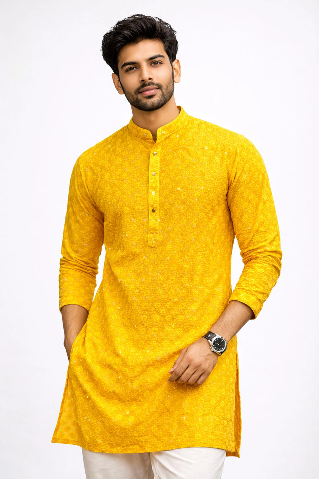 Men Self Design Cotton Silk Flared Kurta