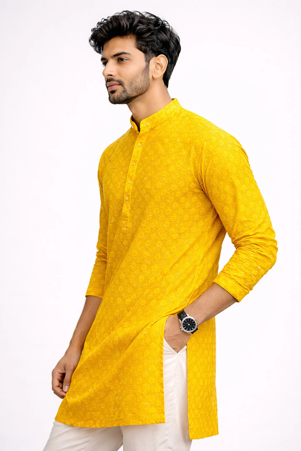 Men Self Design Cotton Silk Flared Kurta
