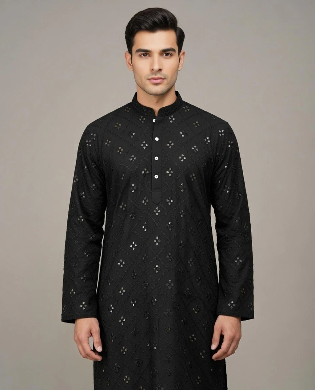 Men Embellished, Self Design Pure Cotton Straight Kurta (Black)