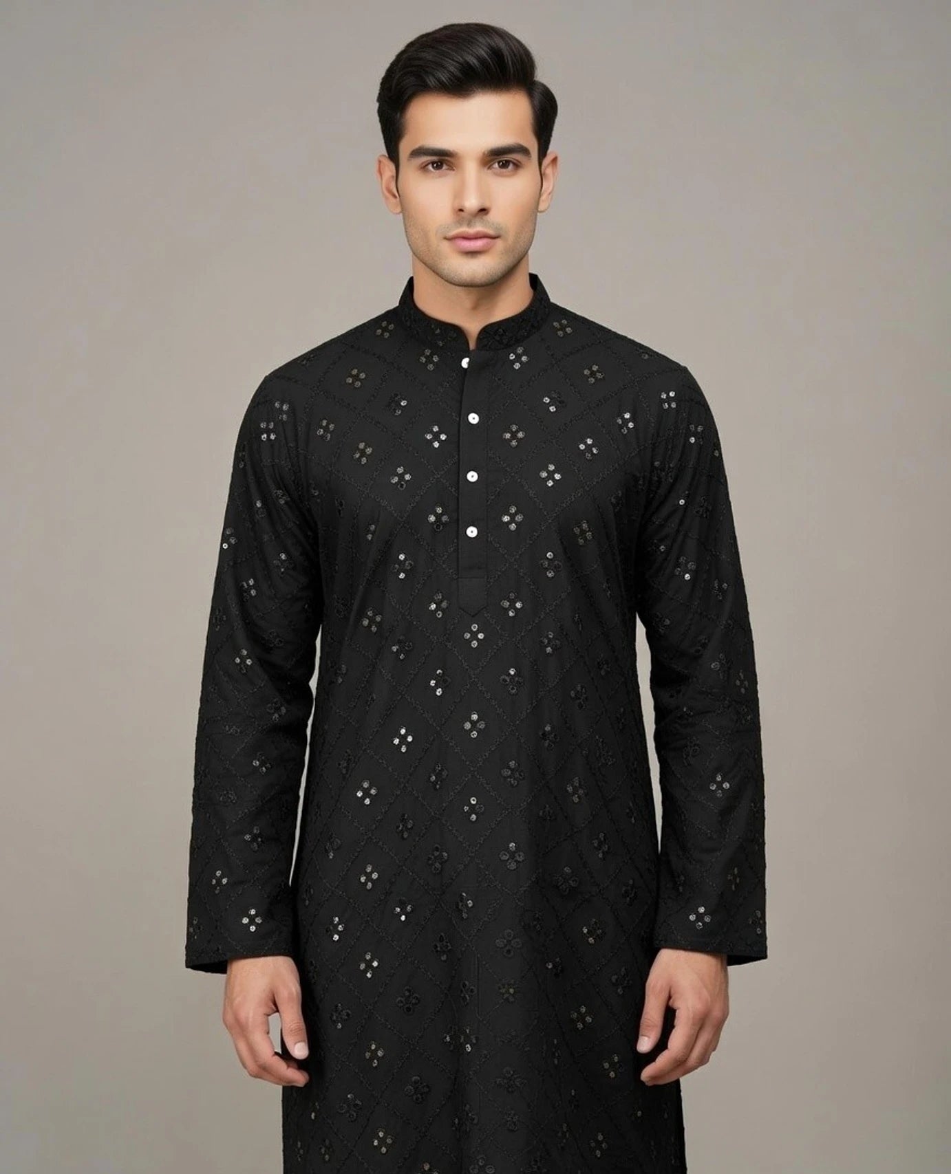 Men Embellished, Self Design Pure Cotton Straight Kurta (Black)