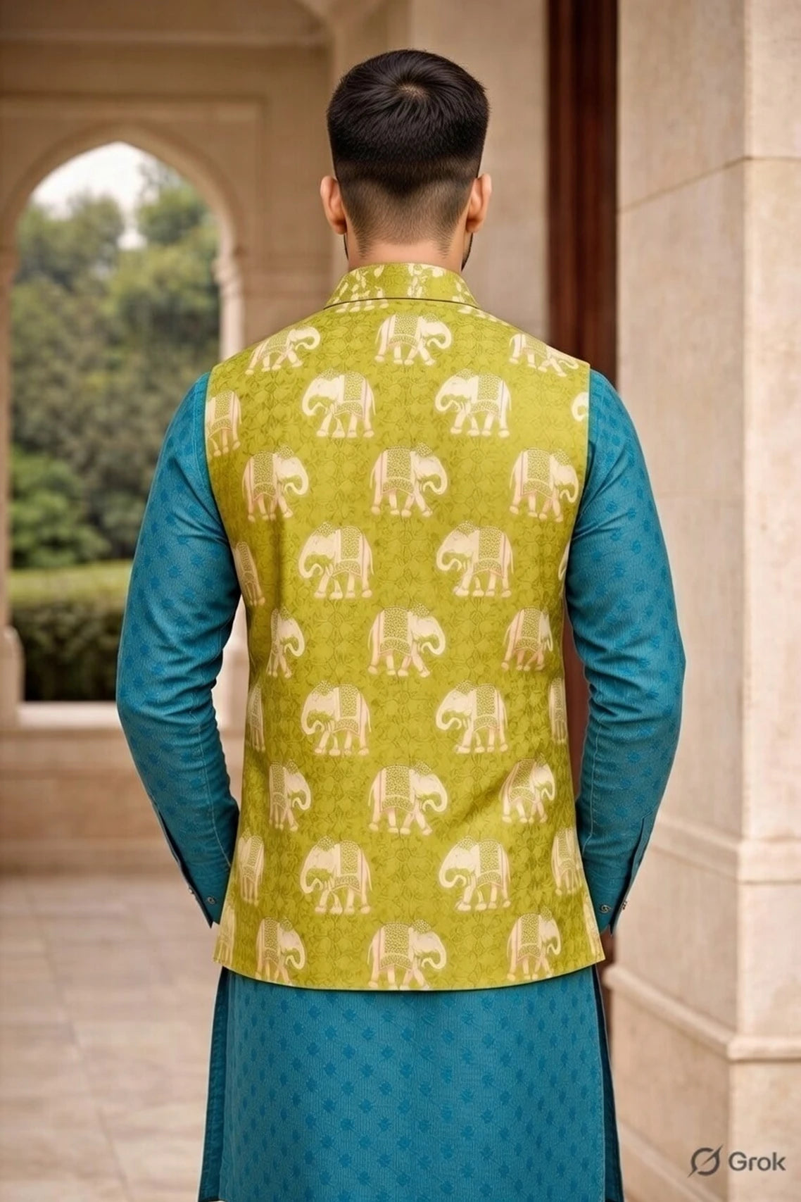 Men Printed Silk Blend Straight Kurta (Blue, Yellow)