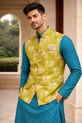 Men Printed Silk Blend Straight Kurta (Blue, Yellow)