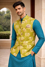 Men Printed Silk Blend Straight Kurta (Blue, Yellow)
