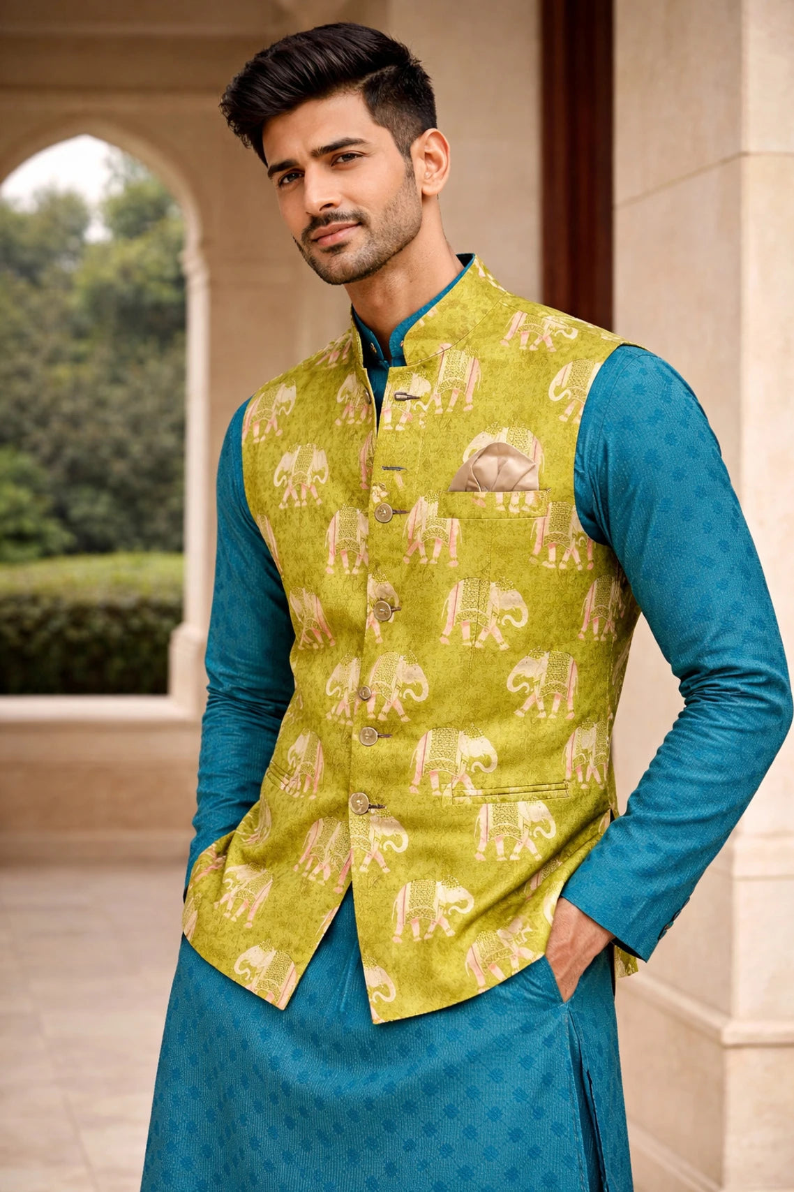 Men Printed Silk Blend Straight Kurta (Blue, Yellow)
