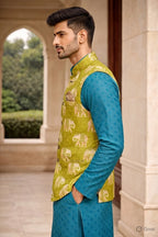 Men Printed Silk Blend Straight Kurta (Blue, Yellow)